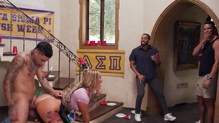 A busty housekeeper gets a rough gangbang and bukkake at a college frat in this intense scene
