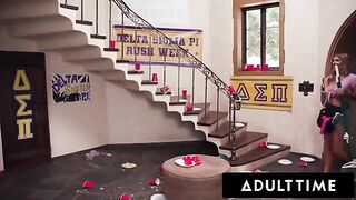 A busty housekeeper gets a rough gangbang and bukkake at a college frat in this intense scene