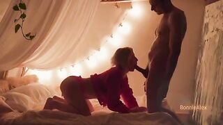 A man makes a surprise for his girlfriend with a warm, passionate gesture