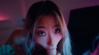 Hot Asian teen Raya Steele massages cock and gives a deepthroat blowjob