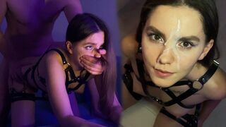 Hot brunette fucks in a harness and receives cum on her face