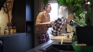 A passionate couple gets caught having a quickie in the kitchen
