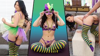 Petite Lulu Chu gets her tight pussy stuffed with a huge cock on Mardi Gras