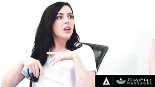 A hot brunette, Whitney Wright, fucks with her colleague on a massage table