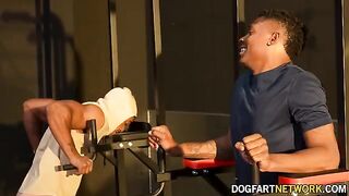 Kay Carter gets fucked by two black studs at the gym