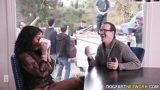 Ebony babe Paris The Muse gets her mouth filled with 10 cocks