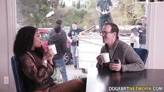 Ebony babe Paris The Muse gets her mouth filled with 10 cocks