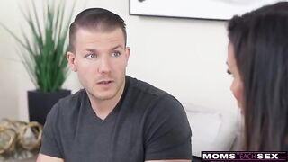 Shay Sights, a busty MILF, seduces her stepson by showing off her big 36D boobs