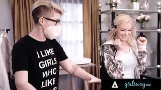 Scissoring with Asian beauty Ember Snow and a hot blonde, Girlsway style