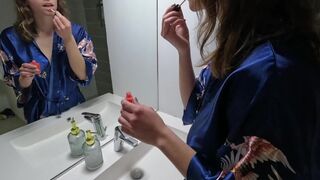 French beauty with big boobs gets fucked in the bathroom early in the morning