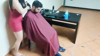 The guy got a blowjob from his friend's mom while getting a haircut