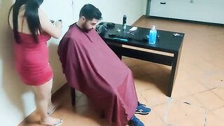 The guy got a blowjob from his friend's mom while getting a haircut