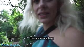 A blonde MILF with natural tits fucks outdoors in a public park