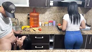 Babes cooking at home for their stepfather in a steamy scene