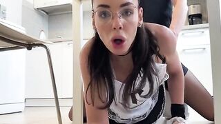 A cheeky cleaning lady got playful while tidying up the house