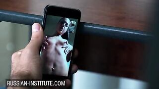 A petite girl warms up her boyfriend with a video call and toy play