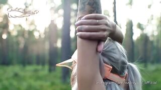 A hot blondie is jogging in the forest and gets intimate with a neighbor