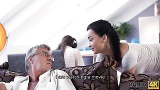 An old man fucks his son's red-haired girlfriend with a messy finish