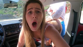 Babe gets her pussy pounded hard in the car on public parking!