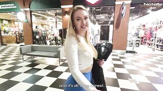 A hot blonde with big ass gets fucked in a shopping mall toilet for cash