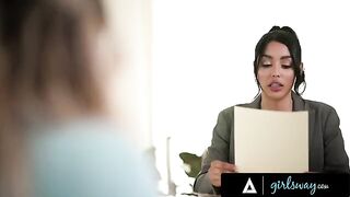 Busty lawyer Vanessa Sky destroys her client's pussy with her fingers