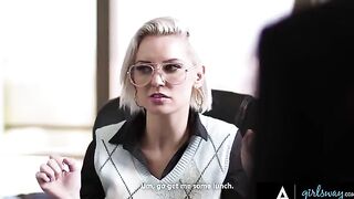 Two gossiping employees get fucked by their dominant boss Kenzie Taylor in a steamy Girlsway scene