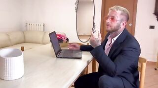 The secretary has sex with her boss in the office and squirts on his dick