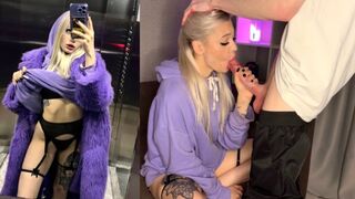A cute petite girl met a guy in the elevator and got cum on her small tits