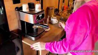 A hot blondie, Leah Meow, serves coffee and gives a passionate blowjob