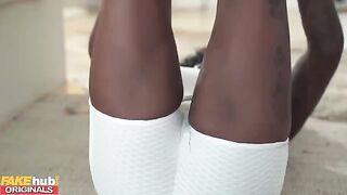 Black yoga instructor with big tits squirts all over her clients’ cocks