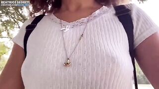 Girl masturbates publicly and shows her wet pussy, reaching a squirting orgasm on the beach