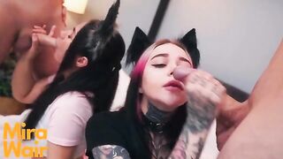 Two kitties get cum in ass in an intense scene