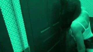 A couple has sex right in the toilet bar, no holding back