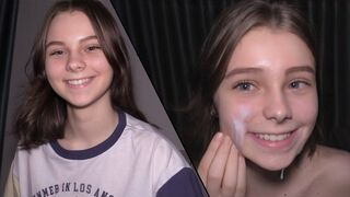 Submissive teen gets her pussy railed hard by a big cock, ending with a cum shot