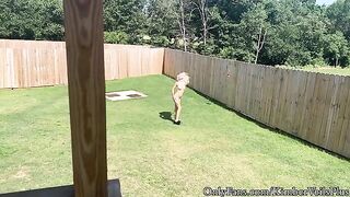 A chick is getting naked in the backyard and has sex on the porch