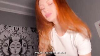 The red-hair girl seduced the guy and started to suck his dick