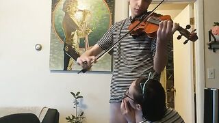 Trying to practice violin with my girlfriend, passionate action