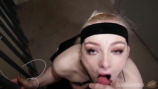 A girl with blue eyes skillfully sucks the cock of a guy