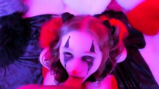 A kinky clown blowjob scene with a facial finish, exploring intense eye contact and costume play