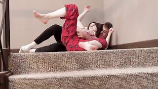 Perky stepsister fucks with her brother on the stairs
