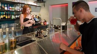 The customer went down on the hot bartender, who was serving drinks sensually