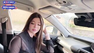 A girl got so horny she started to play with her car and sucked a cock