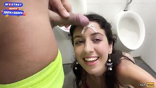 A daring guy fucked a girl in the public restroom and cummed on her face