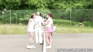 A hot sex threesome on the tennis court with a sexy woman and her friend