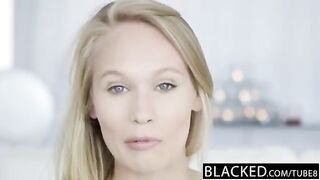 Skinny blonde girl fucked by a black man with huge cock in casting