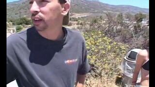 The cute girl got into the car and had sex with two guys