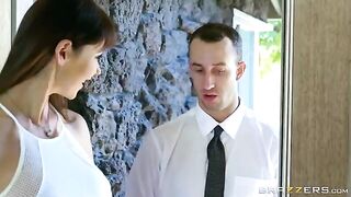 A noble man fucks beauty on the couch with big fake tits