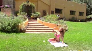 A blonde with big tits has sex right on the lawn in 4K