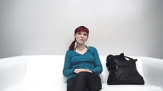 Redhead with small boobs agreed to do a blowjob at the casting for the first time