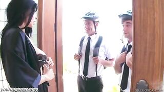 Three hot Jehovah’s witnesses fucked a stunning beauty